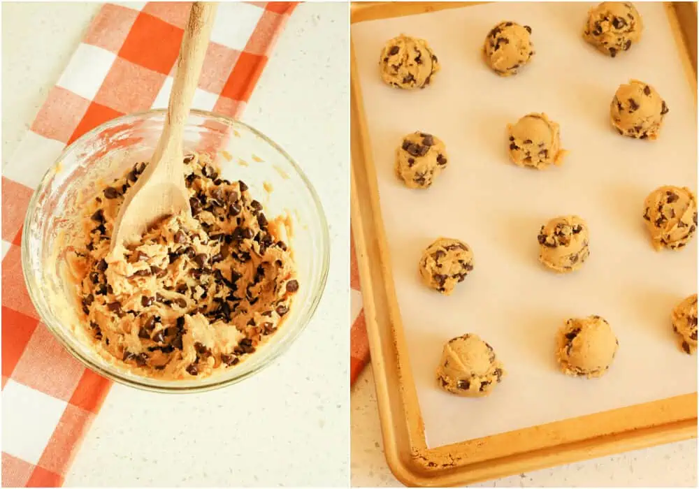 Some of the steps to making chewy chocolate chip cookies. Remove the mixer and, using a spoon, stir in the chocolate chips. Cover and refrigerate for about 3 hours. Use a 1 1/2 tablespoon scoop to place the cookie dough balls on a parchment-covered baking sheet with at least 2 inches between them.