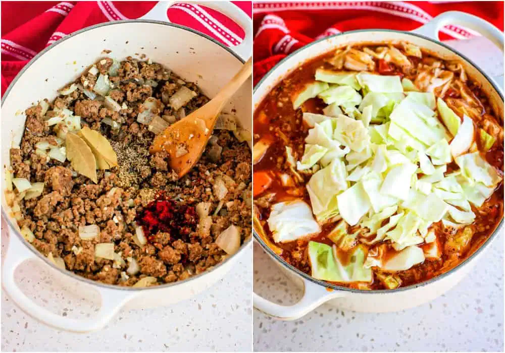 Some of the steps to making cabbage soup.  reduce the heat to low and add the garlic, marjoram, thyme, paprika, and bay leaves. Cook for 1 minute while stirring constantly. Then add the beef broth, brown sugar, Worcestershire Sauce, carrots, cabbage, tomato sauce, and fire-roasted tomatoes.