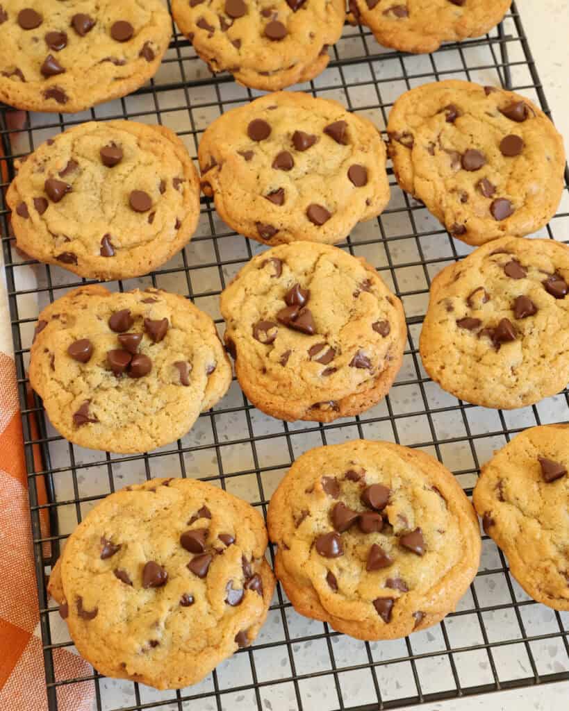 Chewy chocolate chip cookies on a wire rack cooling. 