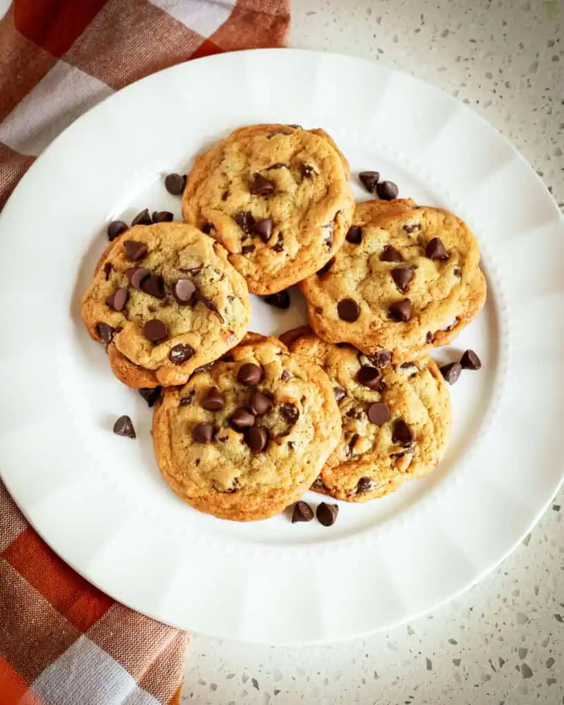 Five chocolate chip cookies on a round white plate. 