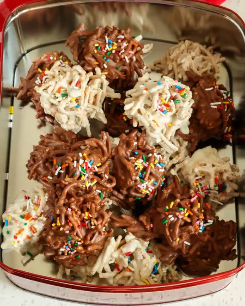 Haystack cookies in a holiday tin. 