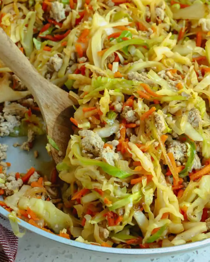 This easy skillet Cabbage Stir Fry is loaded with ground turkey, onions, cabbage, and carrots all drizzled with a six-ingredient salty sweet Asian stir fry sauce. 