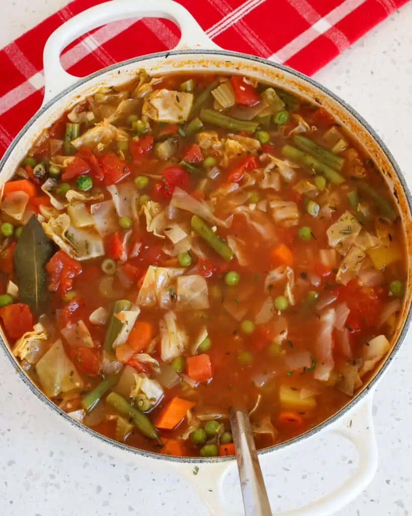 A Dutch oven full of vegetable soup with a beautful array of vegetables and seasoned broth. 