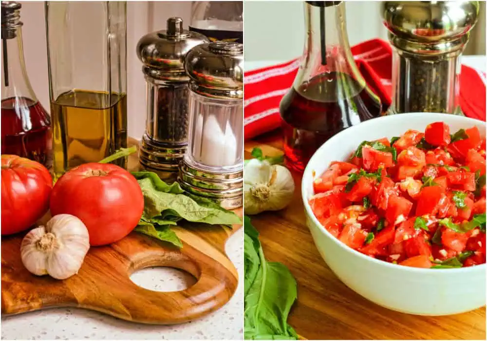 Steps to making bruschetta. Start by dicing the ripe tomatoes relatively small and placing them in a bowl. Then sprinkle them with a bit of salt and set them aside. Now mince the garlic and chop the basil.

Drain any tomato juice from the tomatoes and add the garlic, basil, and pepper. Drizzle with vinegar and olive oil. Then gently toss to coat and let the tomato mixture sit for a bit at room temperature.