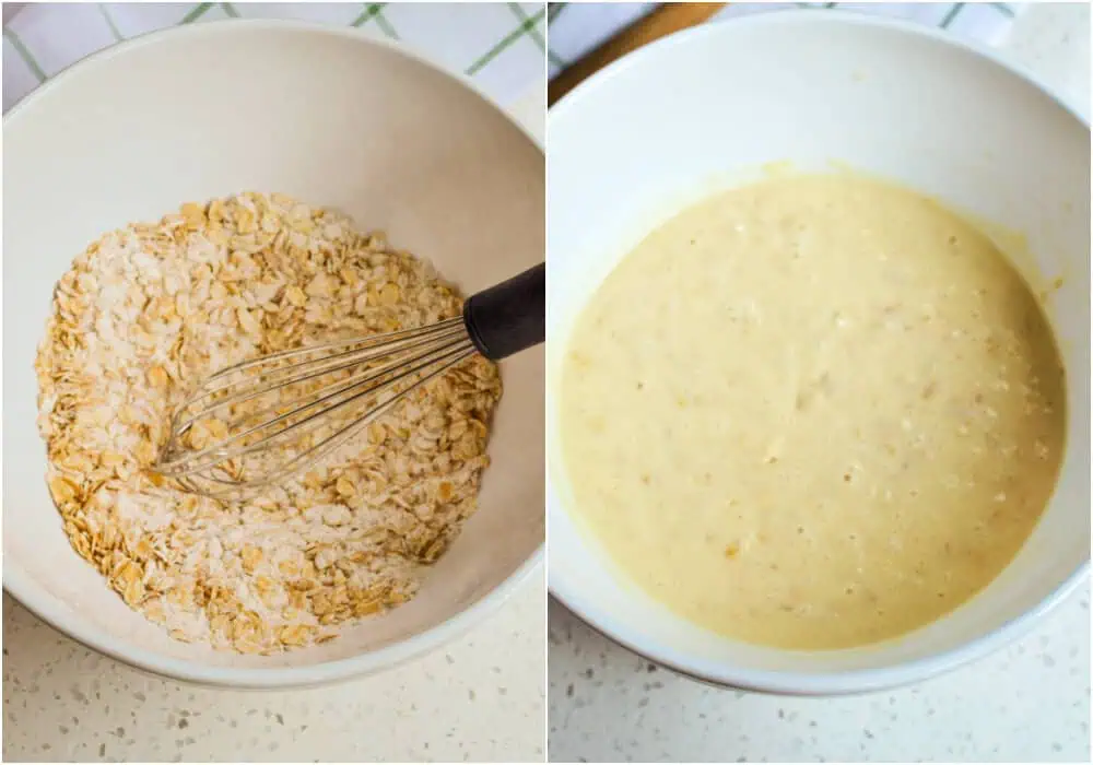 Some of the steps to making oatmeal pancakes. 