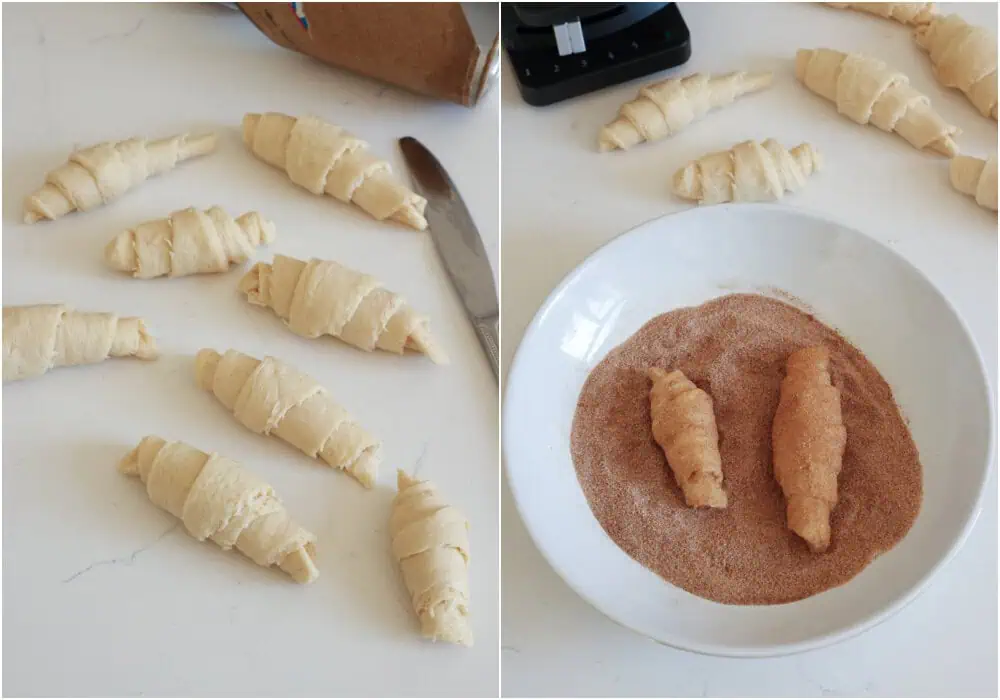 Some of the steps to makeing croffles. First, combine the sugar and cinnamon in a shallow, wide bowl. Preheat the waffle iron and brush the plates with oil if needed. Then, open the tube and unroll the crescent roll dough. Separate the dough into eight triangles. Starting with the wide end roll towards the narrow end or the pointed end. Then, roll the crescent rolls through the cinnamon sugar.