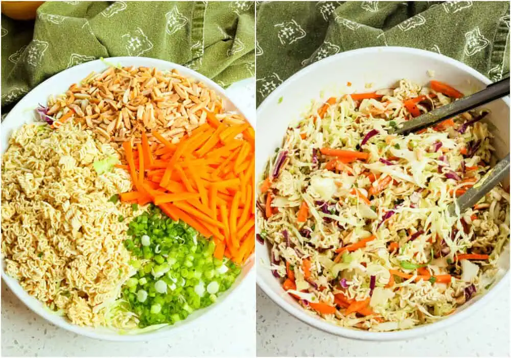 Some of the steps to making ramen noodle salad. Break up the ramen noodles and add them to a bowl with the green cabbage, red cabbage, carrots, green onions, and toasted almonds.  Drizzle the salad with the dressing and toss to combine. 