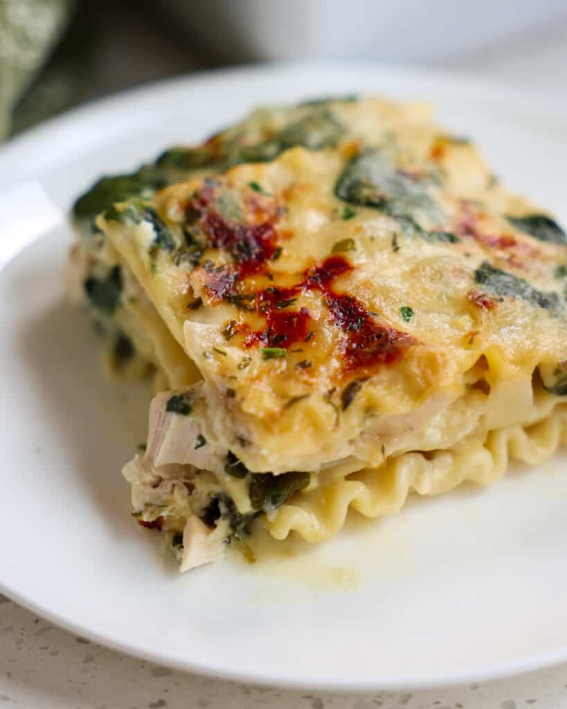 A slice of creamy Chicken Lasagna  with white sauce with onions, garlic, and spinach and two layers of ricotta, parmesan, and mozzarella cheese on a singele serving plate. 