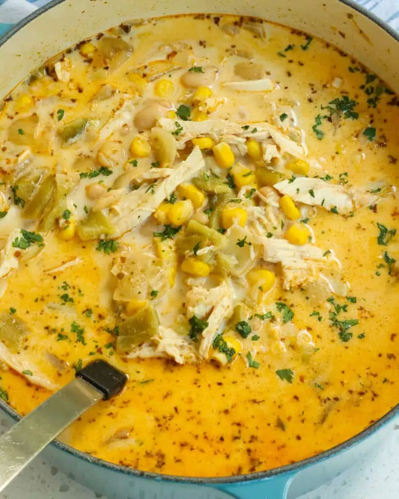 This White Chicken Chili combines Great Northern beans, rotisserie chicken, sweet corn, poblano and Anaheim peppers, onions, garlic, and a perfect blend of spices 