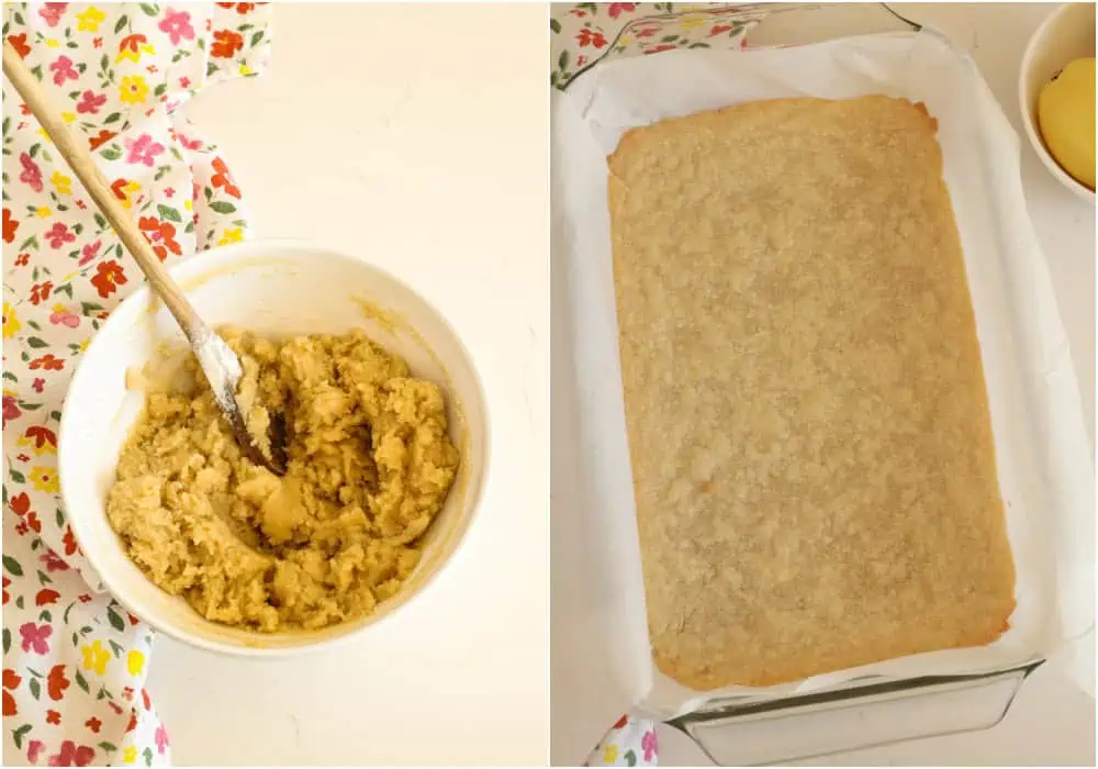 Some of the steps to making lemon squares. Mix the butter, granulated sugar, vanilla extract, and salt in a medium bowl. Add the flour and mix until combined. Spread and pat the crust into the bottom of a 9x13-inch casserole dish lined with parchment paper. Bake in a preheated oven for about 15 minutes.