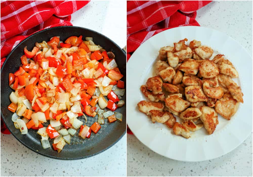 If needed, add a bit of vegetable oil to the skillet over medium-high heat. Add the onion and red bell pepper, cooking for several minutes until crisp-tender. Reduce the heat to low and add the minced garlic and grated ginger, cooking for 1 minute while stirring continuously. Plate the cooked chicken