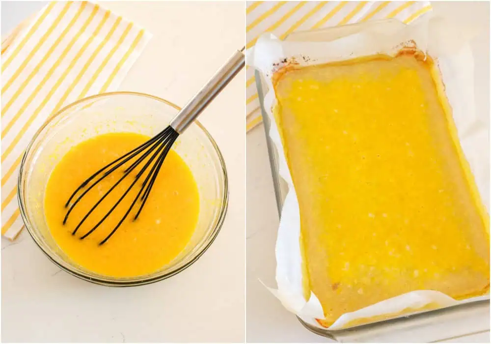 Some of the steps to making lemon squares. Meanwhile, whisk the granulated sugar, all-purpose flour, eggs, lemon zest, and lemon juice in a large bowl. Pour the mixture over the warm crust. Bake in the preheated oven for 25 minutes. 