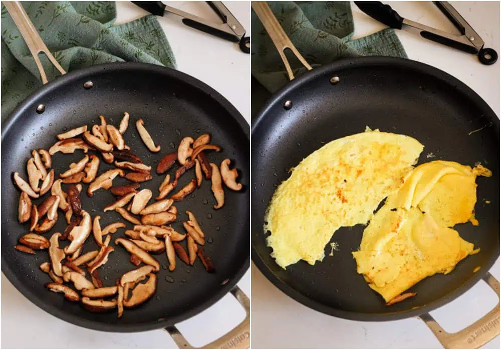 Steps to making moo shu chicken. Add the mushrooms and cook until browned. Remove to the plate with the cooked chicken. Add the beaten eggs and cook until the eggs are set enough to flip.