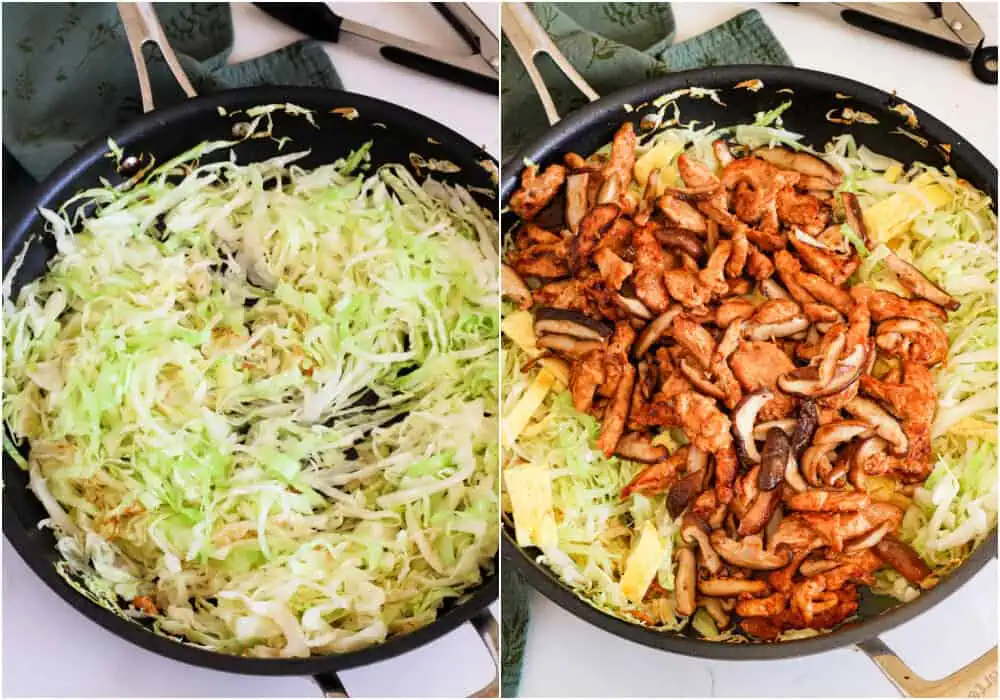 Some of the steps to making moo shu chicken. Add the cabbage and cook until slightly wilted. Add the chicken, mushrooms, and eggs back to the skillet.