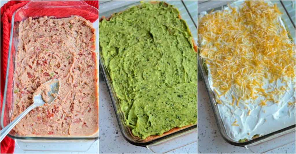 Some of the steps to making 7 layer dip. Combine the refried beans, Rotel tomatoes, and taco seasoning in a medium bowl. Then, spread the mixture in an even layer at the bottom of a casserole dish. Mash the avocados, lime juice, garlic, cilantro, onion powder, salt, and cayenne in a small bowl. Then, spread that over the bean layer.