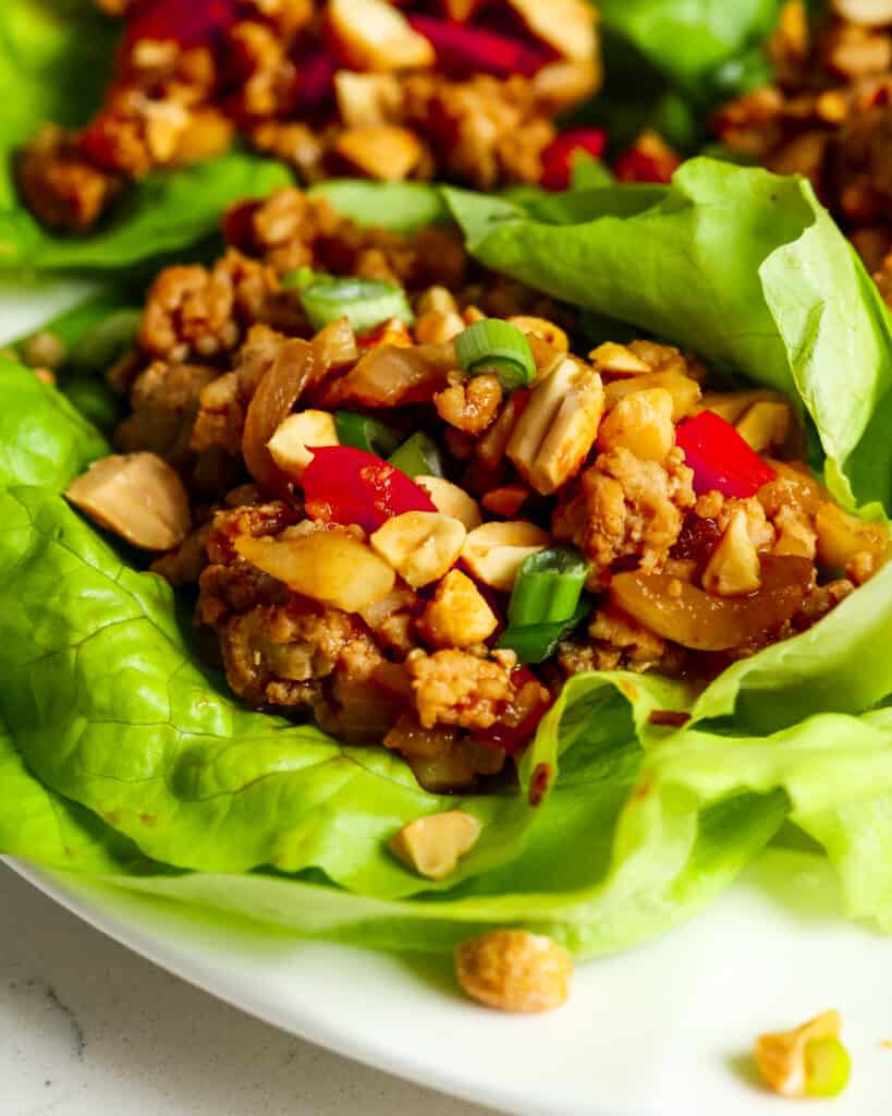 A close up view of chicken lettuce wraps on a plate. 