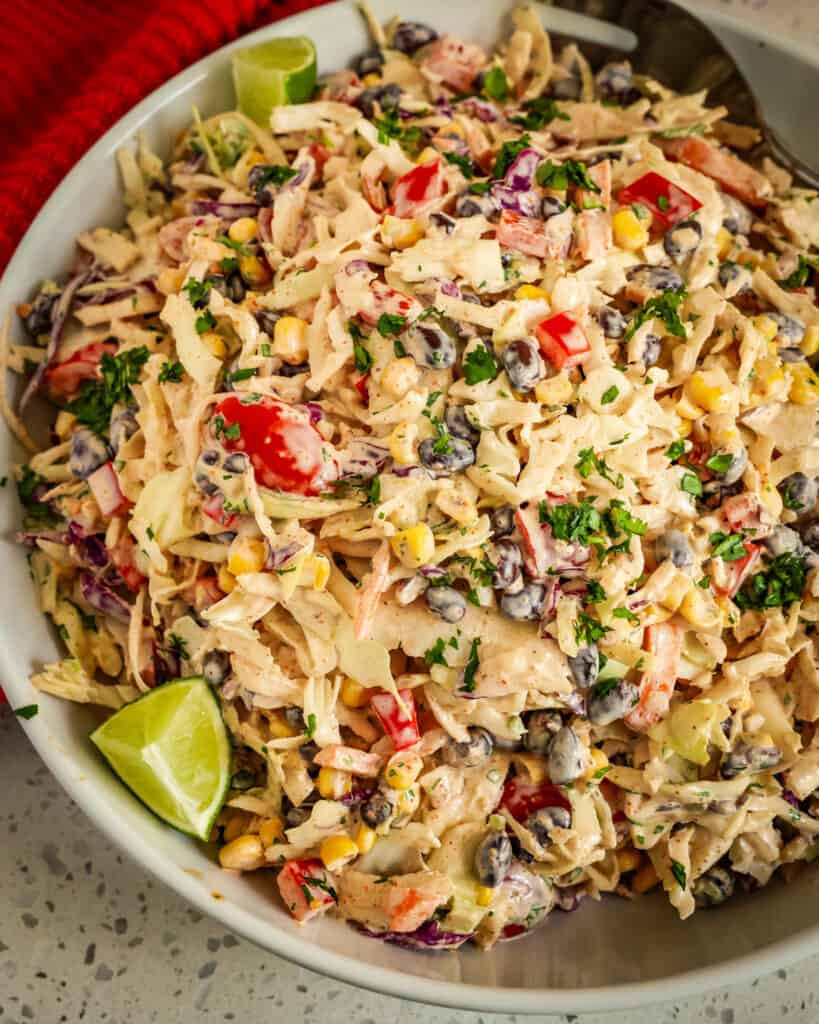 This Tex-Mex styles coleslaw bursting with flavor from tomatoes, black beans, corn, jalapeno, and cilantro.