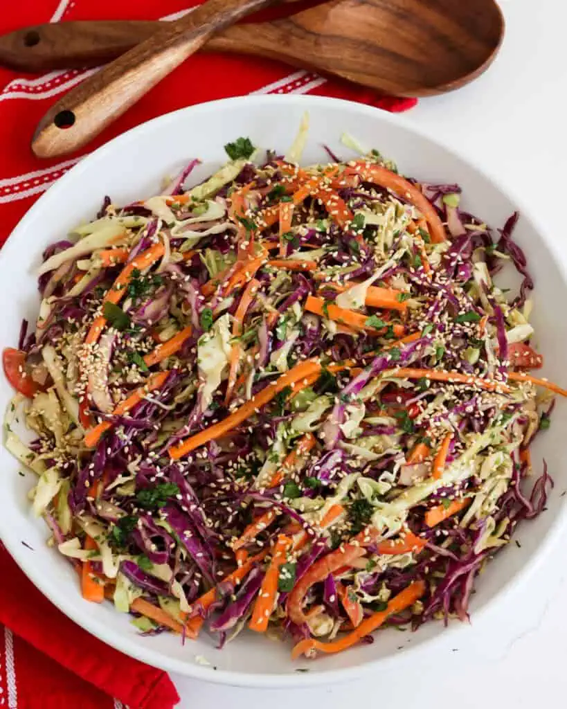 An overview of Asian slaw in a whilte bowl. 