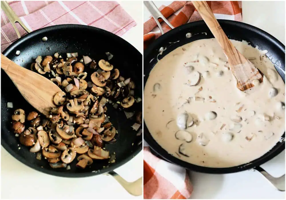 Steps for cooking chicken marsala. Cook the mushrooms and shallots over medium heat.  Reduce the heat to low, stir in the cream, and simmer for a few minutes.