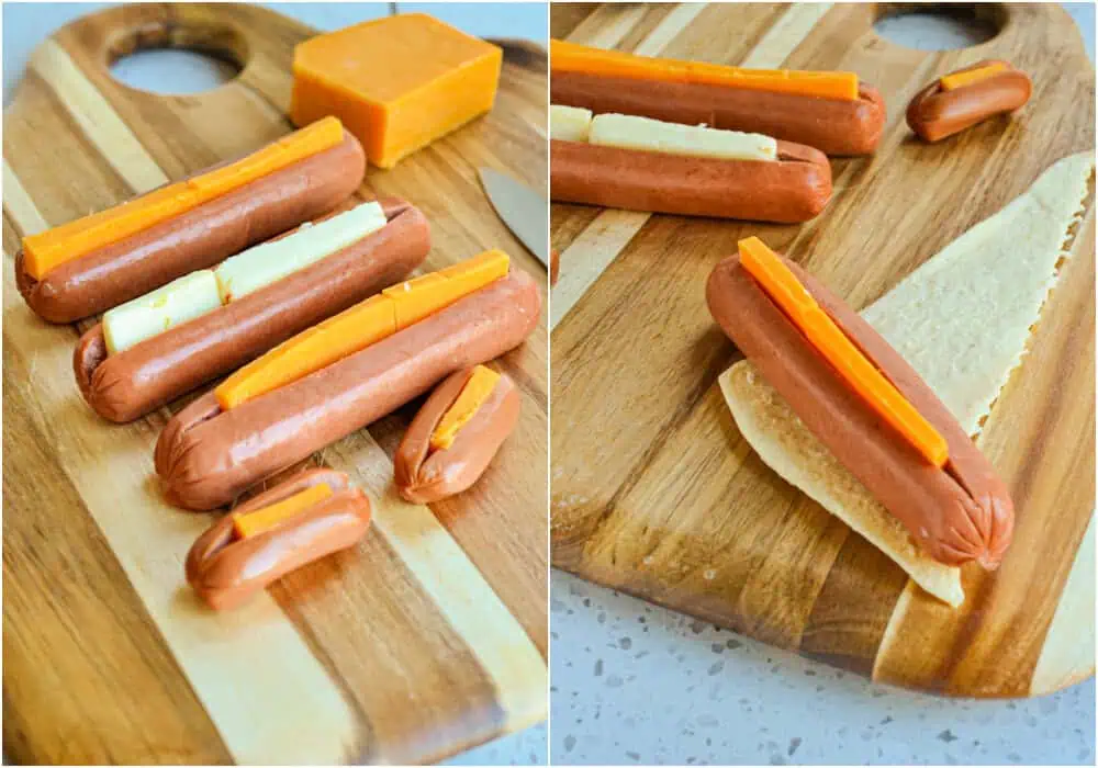 Some of the steps to making pigs in blankets. Cut a slit in the hotdogs and add the cheese. The slit should be pretty deep but not go through to the bottom. Roll full size hotdogs up in a full crescent roll. 