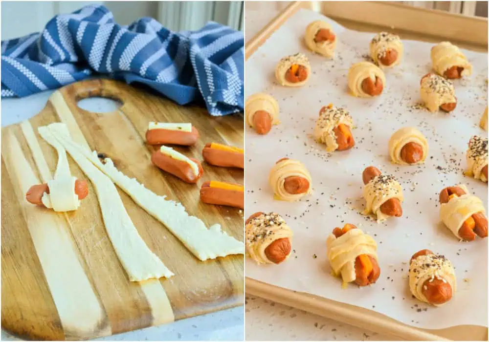 Some of the steps to making pigs in a blanket. Using a sharp knife or pizza cutter, divide each crescent roll into thirds, making three long, thin triangles. Place one mini dog on the widest part of each triangle and roll up towards the point. Place on prepared baking sheets seam side down.