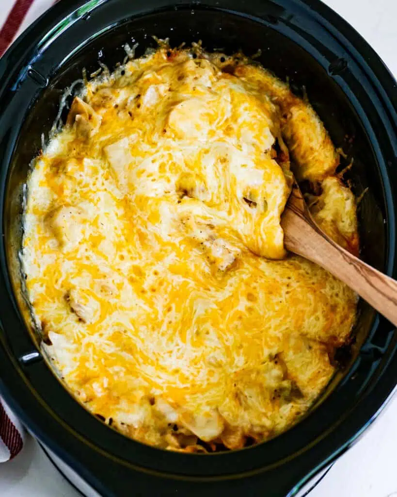 A crock pot full of cabbage casserole topped with melted cheese