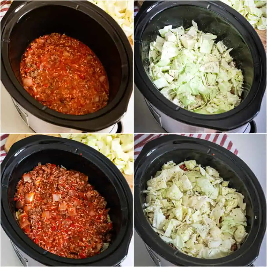 Add half of the beef mixture to the crock pot, followed by half of the chopped cabbage, the remaining mixture, and the remaining cabbage. Cover and cook on low until the rice is tender. Sprinkle with both cheeses and cover for 10 minutes or until the cheese is melted. 