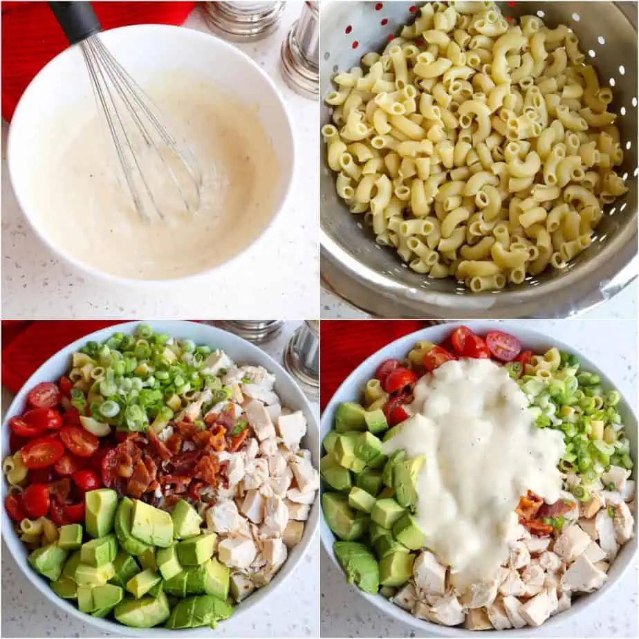 Cook pasta according to package directions and drain well

Whisk together the mayonnaise, pressed garlic, honey, mustard, vinegar, Worcestershire sauce, and black pepper.

Combine the drained pasta, chicken, bacon, tomato, and green onion in a large bowl. 

Toss the avocado with the lemon juice and add it to the bowl. 

Pour in the dressing and toss to coat.