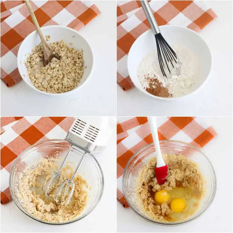 Combine the oatmeal and the boiling water and let the oats soak. In a medium bowl, whisk the flour, baking soda, salt, cinnamon, and nutmeg. 

Beat the butter and both sugars in a large bowl using a handheld mixer. Add the eggs, maple syrup, and vanilla extract and stir to combine.