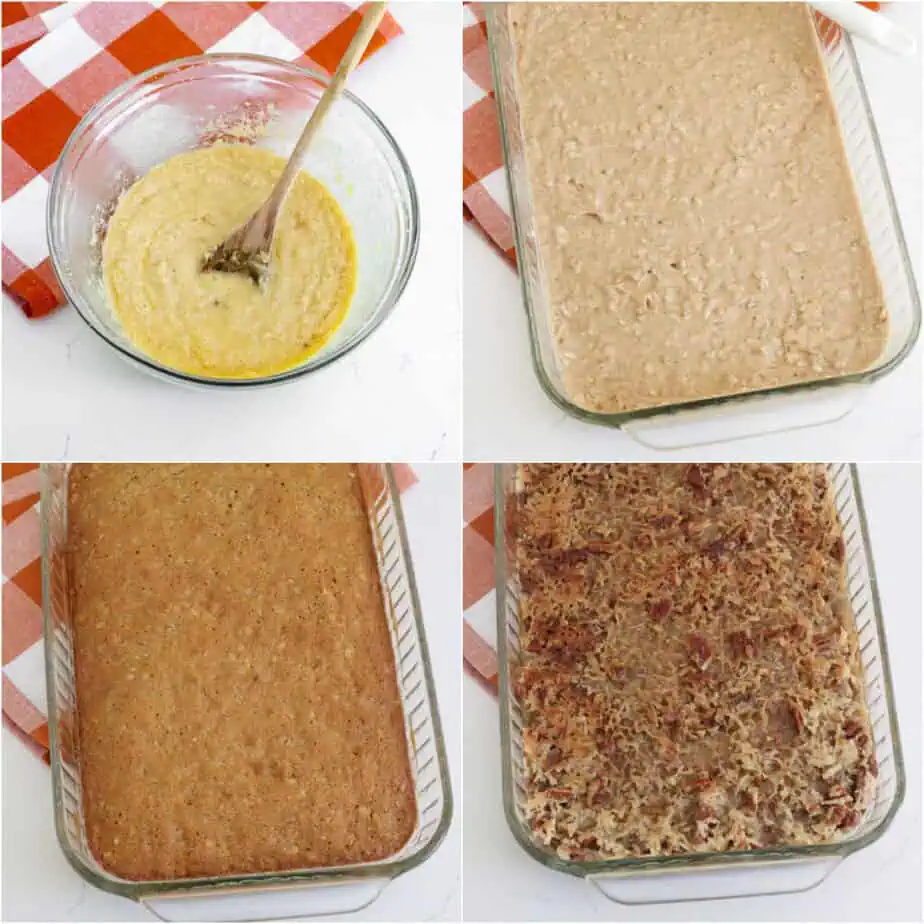 Stir in the softened oats and pour the mixture into a well-greased baking dish. Bake until set. 

When the cake is almost done baking, stir the melted butter, brown sugar, milk, shredded coconut, and walnuts in a medium bowl. Spoon the mixture over the warm cake and place it under the broiler for 1-2 minutes.