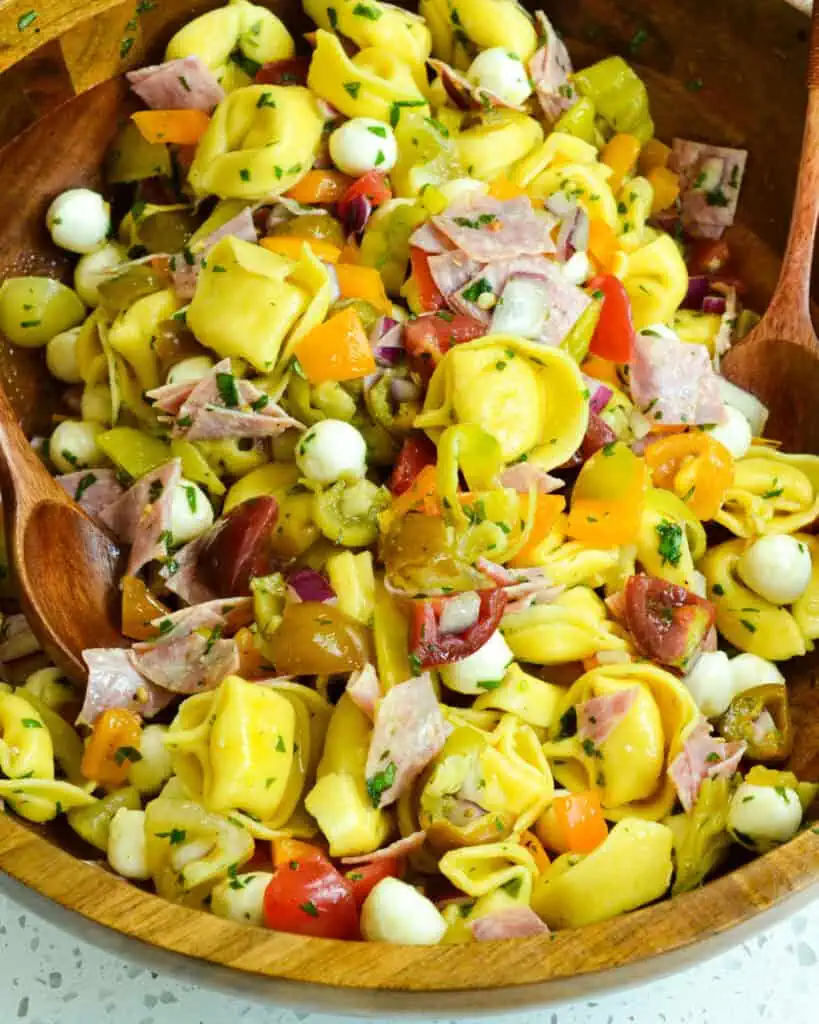 This deliciously simple Italian Tortellini Pasta Salad combines cheese tortellini, tomatoes, bell peppers, red onion, fresh mozzarella balls, pepperoncini, salami, fresh herbs, and zesty Italian dressing into the tastiest treat.