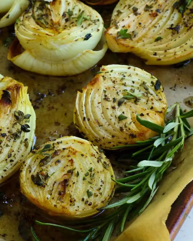 Roasted onions with fresh herbs and olive oil. 