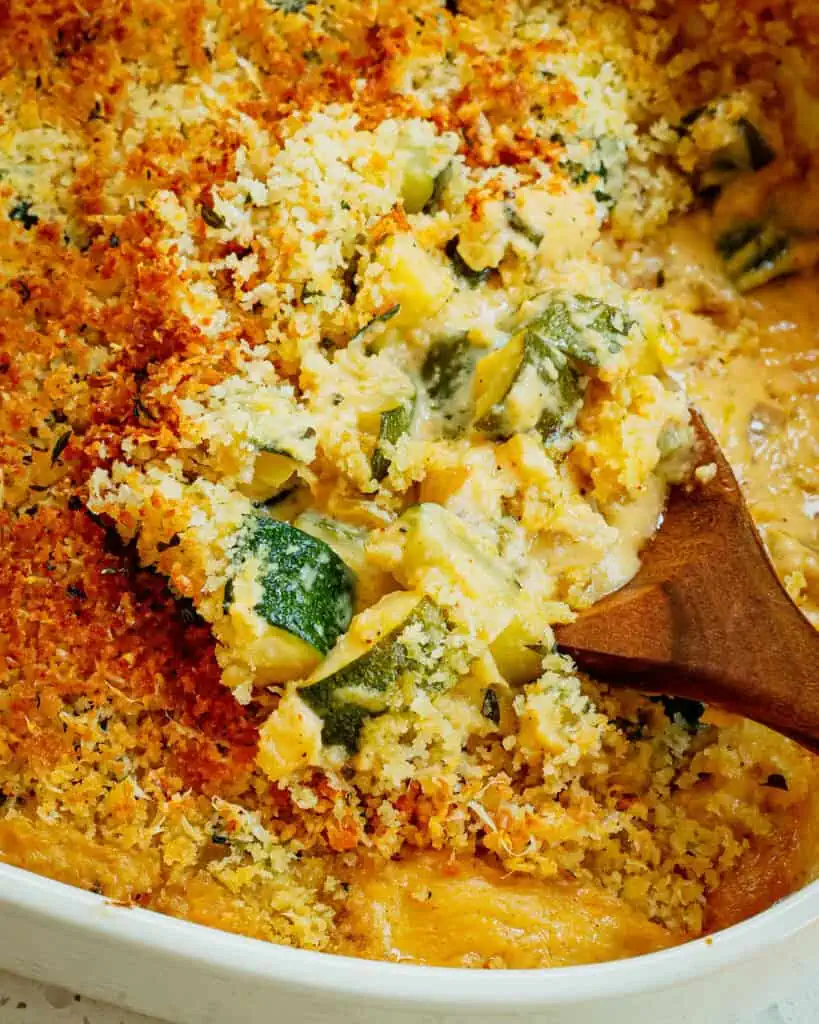 A fresh zucchini casserole with sautéed onions and garlic in a creamy cheese sauce topped with buttery Parmesan Panko breadcrumbs.