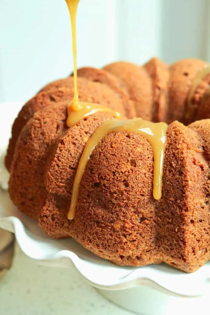 Apple cake with caramel drizzling over it. 