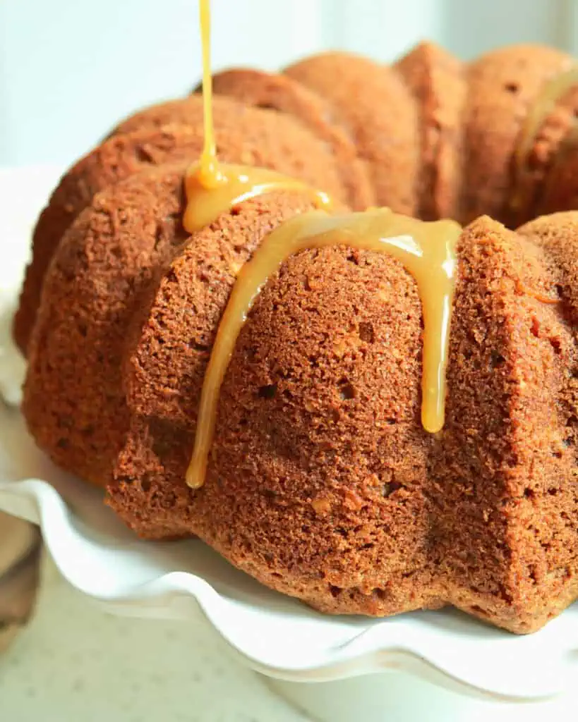 Apple cake with caramel drizzling over it. 