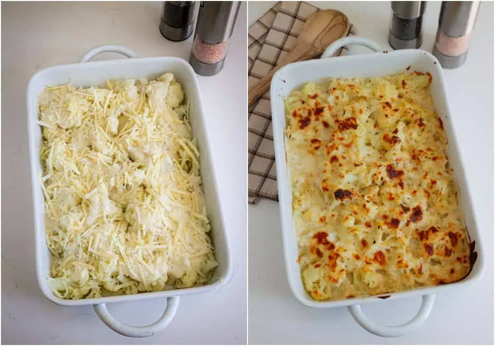 Spread a little cheese sauce in the bottom of a large casserole dish. Add the cauliflower to the dish and pour the cheese sauce over the cauliflower. Top with a little more cheese and bake for about 25 minutes.