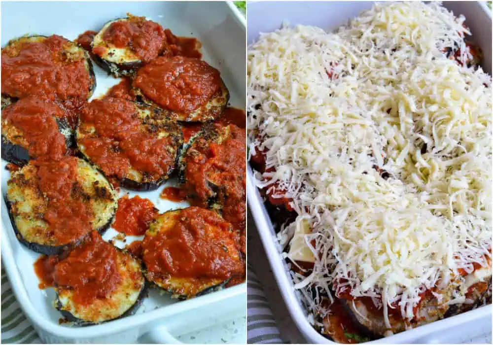 In process photos. Layer the eggplant, marinara, mozzarella, and remaining Parmesan in a large casserole dish and bake.