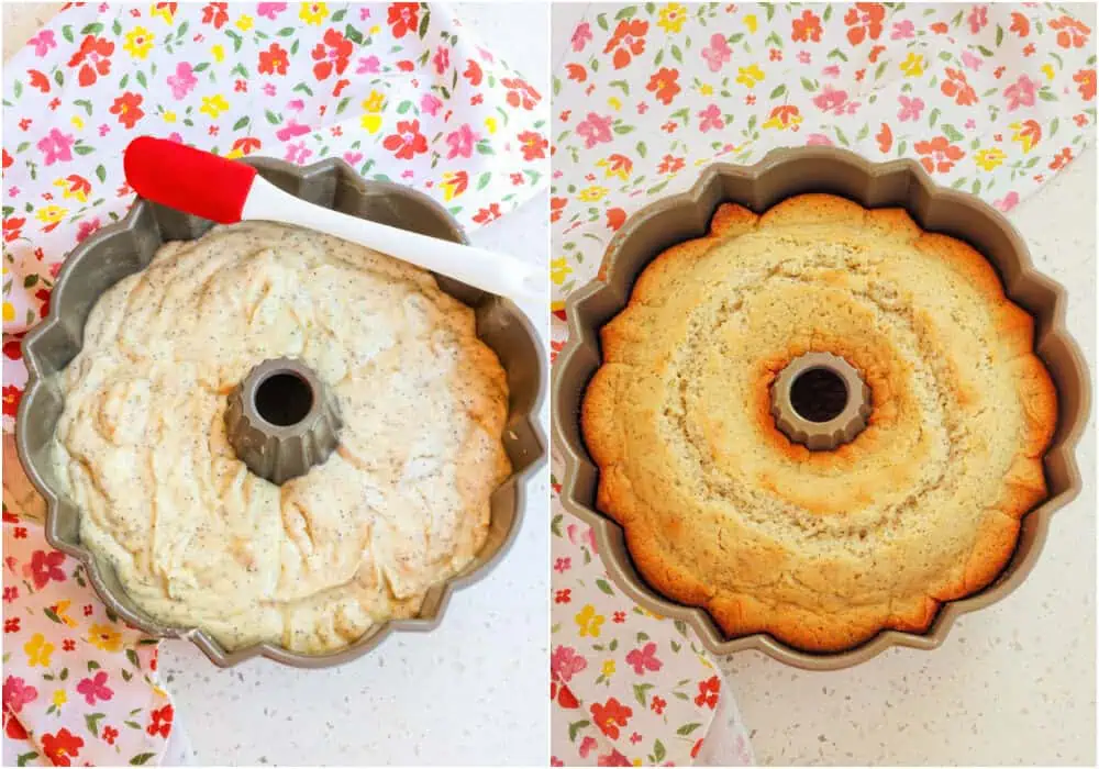 Some of the steps to making lemon poppy seed cake. Spoon the batter into the prepared Bundt pan. Bake in the preheated oven for 45-55 minutes or until a toothpick inserted in the top comes out clean.