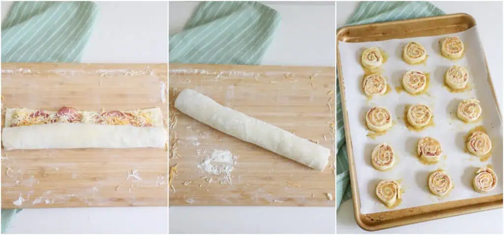 Tightly roll the pastry up from the widest end. Wrap the roll in plastic wrap and place it in the fridge. Repeat the procedure with the other puff pastry sheet. Chill the rolls for 30 minutes up to an hour.

Using a sharp knife, cut the rolls into 1/2-3/4 inch thick rounds and place them on a parchment-covered baking sheet with some space between them.