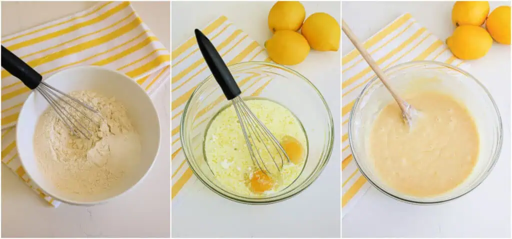First, whisk together the flour, baking powder, and salt in a small bowl. Then, in a large bowl, whisk together the granulated sugar, eggs, milk, vegetable oil, lemon extract, and lemon zest. Add the dry ingredients to the wet ingredients and mix just until combined