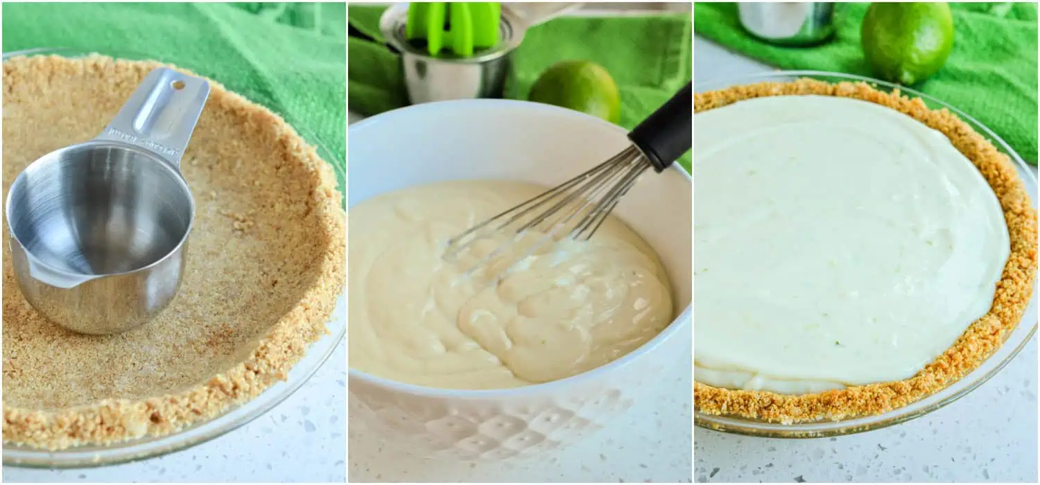 There are three steps to making a key lime pie. Making the grahman craker crust. Mixing the pie filling and baking the pie. 

