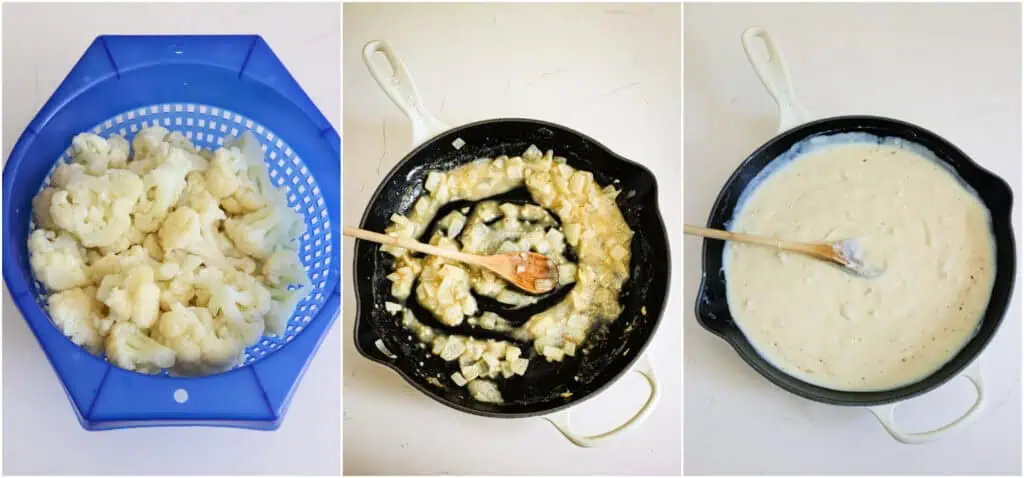 Drain the cauliflower in a colander. melt the butter in a large skillet over medium-low heat. Add the onion and cook until tender. Reduce the heat to low and add the garlic, cooking for a minute while stirring. Stir in the flour and continue cooking over low heat for 2 minutes. Add the cheese and cook over low heat until smooth and creamy. 