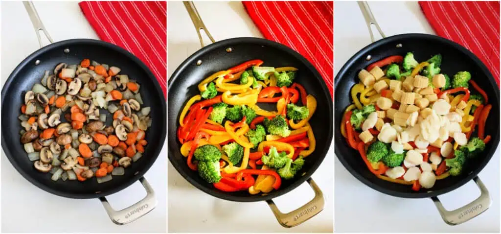 Cook the onions, carrots, and mushrooms. Cook the bell peppers and broccoli. Add the water chestnuts and warm. 