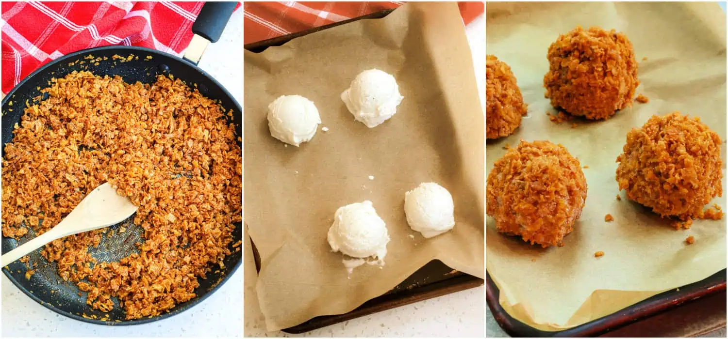 Make the cornflake mixture and let it cool. Scoop the ice cream balls and refreeze. Then roll the frozen scoops in the cornflake mixture. 