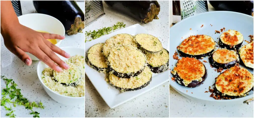 In process photos. Dry the eggplant well, dip it in the egg mixture, and then dredge it in the breadcrumb mixture. Add a tablespoon of vegetable oil to a skillet over medium-high heat. Then, brown the eggplant on both sides, working in batches.