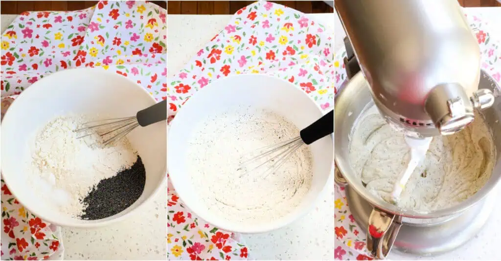 Some of the steps to making lemon poppy seed cake. Sift the flour, cornstarch, poppy seeds, baking powder, baking soda, and salt. In the bowl of a stand mixer with the paddle attachment or a hand mixer on medium speed, cream the butter and sugar until light and fluffy. Scrap down the bowl and beater a couple of times. 

Turn the mixer to low and add the eggs one at a time, mixing just until incorporated. Keep the mixer low. Add the vanilla, lemon juice, and lemon zest. Add the buttermilk and flour mixture in three parts alternating between them, mixing until incorporated.