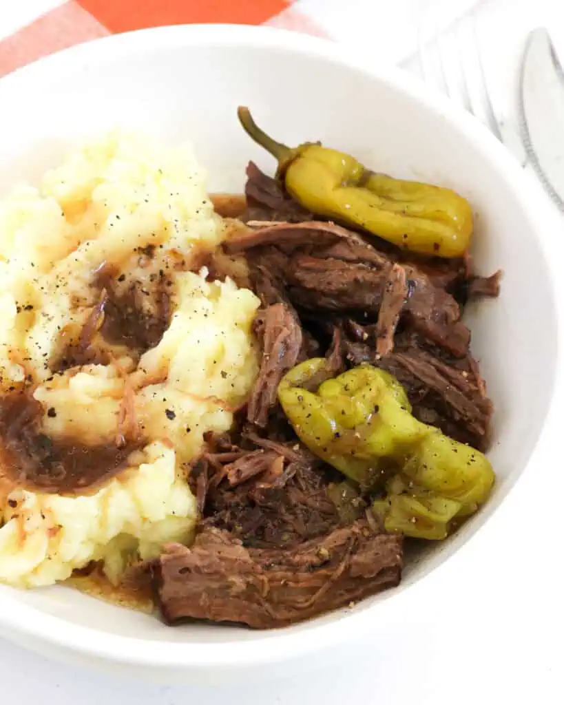 Mississippi Pot Roast with mashed potatoes and gravy. 