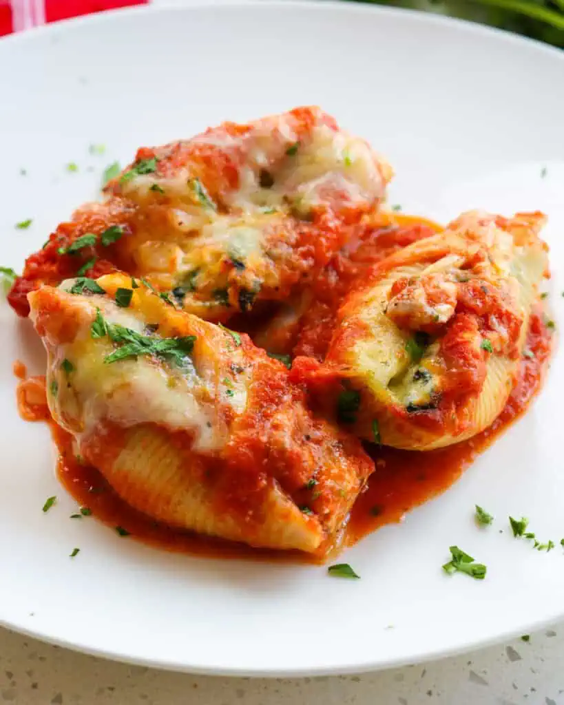 Baked shell in tomato sauce with mozzarella.  