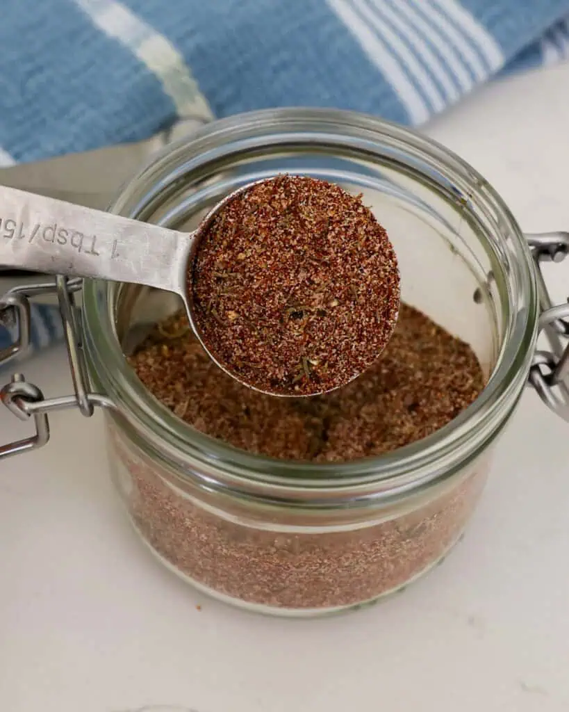 A tablespoon full of homemade steak seasoning. 