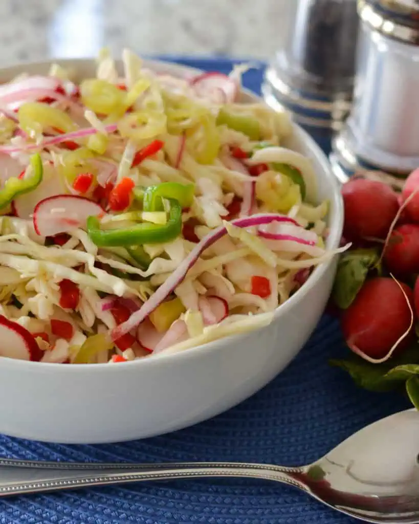 Vinegar coleslaw in a large bowl with a serving spoon in front. 